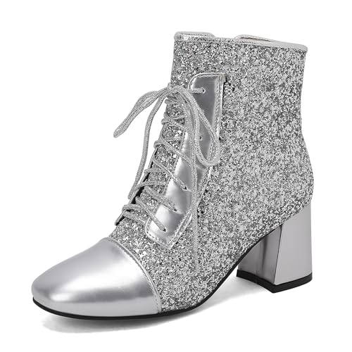 Bviennic Damen Stiefeletten Block Mitte Absatz Mode Runde Zehen Zip Abend Stiefeletten 2445 Silber Gr 40 EU/41Cn von Bviennic