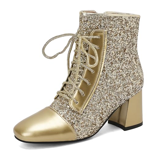 Bviennic Damen Stiefeletten Block Mitte Absatz Mode Runde Zehen Zip Abend Stiefeletten 2447 Gold Gr 47 EU/49Cn von Bviennic