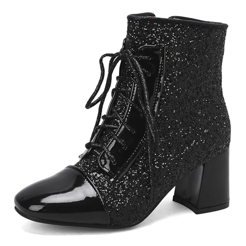 Bviennic Damen Stiefeletten Block Mitte Absatz Mode Runde Zehen Zip Abend Stiefeletten 2447 Schwarz Gr 48 EU/50Cn von Bviennic