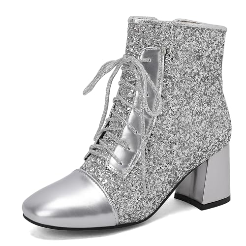 Bviennic Damen Stiefeletten Block Mitte Absatz Mode Runde Zehen Zip Abend Stiefeletten 2447 Silber Gr 48 EU/50Cn von Bviennic