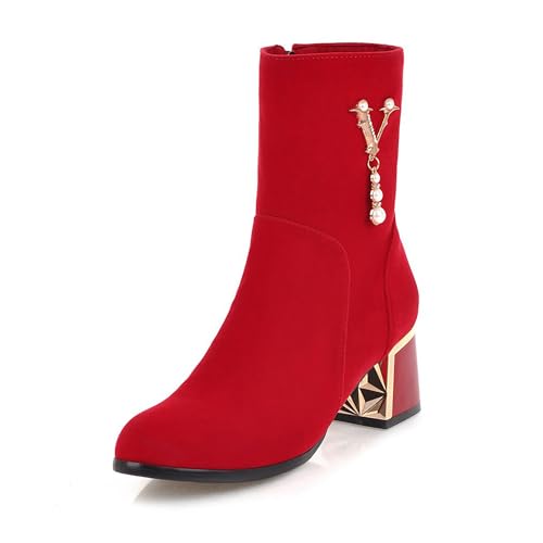 Bviennic Damen Stiefeletten Block Mitte Absatz Mode Runde Zehen Zip Abend Stiefeletten 2479 Rot Gr 40.5 EU/42Cn von Bviennic