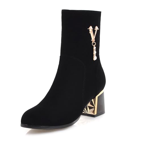 Bviennic Damen Stiefeletten Block Mitte Absatz Mode Runde Zehen Zip Abend Stiefeletten 2479 Schwarz Gr 40.5 EU/42Cn von Bviennic