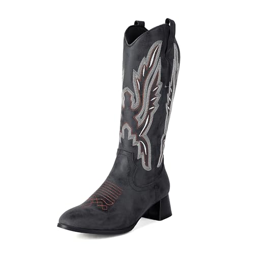 Bviennic Damen Stiefeletten Block Mitte Absatz Mode Runde Zehen Zip Cowboy 2222 Schwarz Gr 36.5 EU/37Cn von Bviennic