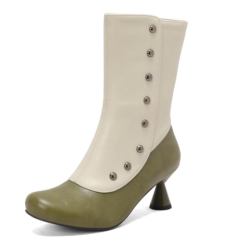 Bviennic Damen Stiefeletten Block Mitte Absatz Mode Runde Zehen Zip Daily 2295 Grün-Weiß Gr 40.5 EU/42Cn von Bviennic