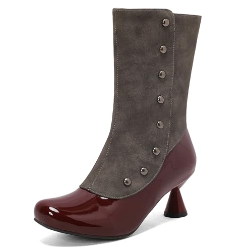 Bviennic Damen Stiefeletten Block Mitte Absatz Mode Runde Zehen Zip Daily 2295 Rotwein-Grau Gr 41 EU/43Cn von Bviennic