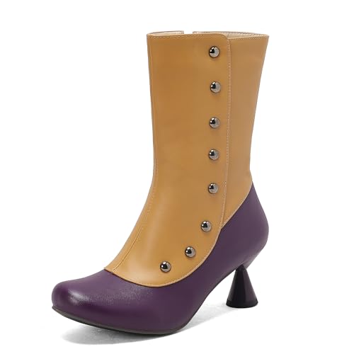Bviennic Damen Stiefeletten Block Mitte Absatz Mode Runde Zehen Zip Daily 2295 Violett-Gelb Gr 38 EU/39Cn von Bviennic