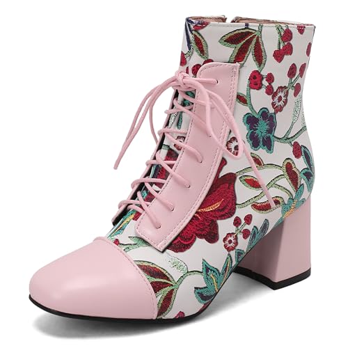 Bviennic Damen Stiefeletten Block Mitte Absatz Mode Runde Zehen Zip Party 2446 Pink Gr 43 EU/45Cn von Bviennic