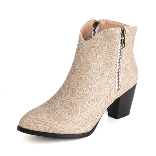 Bviennic Damen Stiefeletten Block Mitte Absatz Mode Runde Zehen Zip Party Stiefeletten 2363 Aprikose Gr 38 EU/39Cn von Bviennic