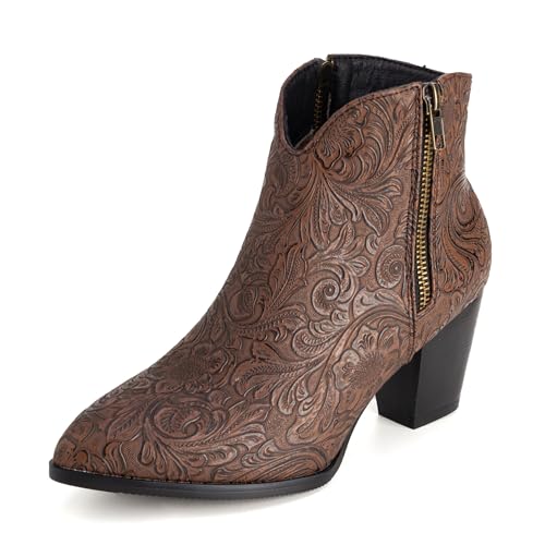 Bviennic Damen Stiefeletten Block Mitte Absatz Mode Runde Zehen Zip Party Stiefeletten 2363 Dark-Braun Gr 45 EU/47Cn von Bviennic