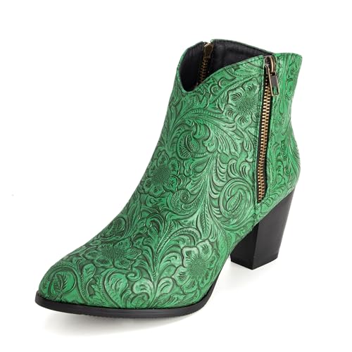 Bviennic Damen Stiefeletten Block Mitte Absatz Mode Runde Zehen Zip Party Stiefeletten 2363 Dark-Grün Gr 36 EU von Bviennic