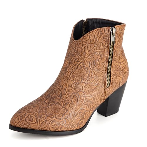 Bviennic Damen Stiefeletten Block Mitte Absatz Mode Runde Zehen Zip Party Stiefeletten 2363 Gelb-Braun Gr 48.5 EU/51Cn von Bviennic