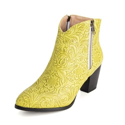 Bviennic Damen Stiefeletten Block Mitte Absatz Mode Runde Zehen Zip Party Stiefeletten 2363 Gelb Gr 33 EU/32Cn von Bviennic