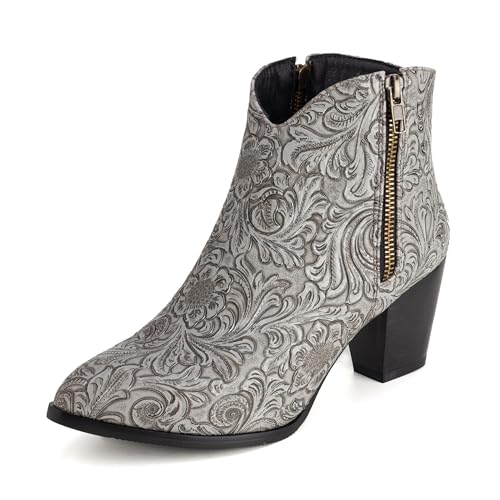 Bviennic Damen Stiefeletten Block Mitte Absatz Mode Runde Zehen Zip Party Stiefeletten 2363 Grau Gr 41 EU/43Cn von Bviennic