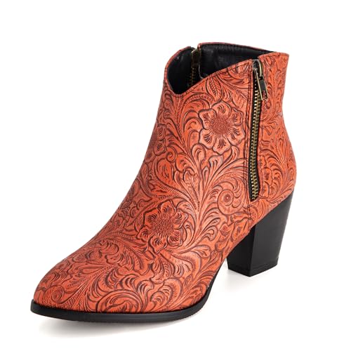 Bviennic Damen Stiefeletten Block Mitte Absatz Mode Runde Zehen Zip Party Stiefeletten 2363 Orange Gr 36.5 EU/37Cn von Bviennic