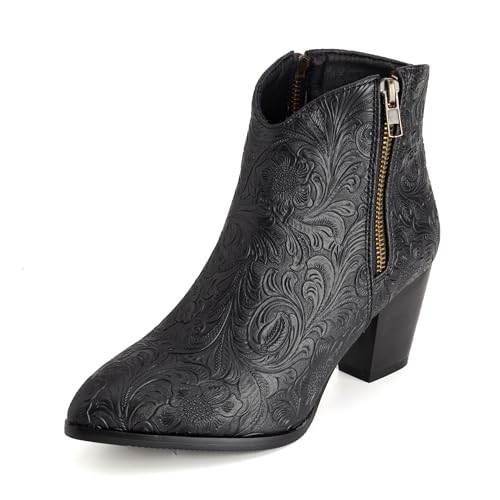 Bviennic Damen Stiefeletten Block Mitte Absatz Mode Runde Zehen Zip Party Stiefeletten 2363 Schwarz Gr 33.5 EU/33Cn von Bviennic