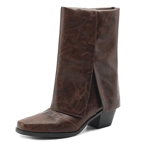 Bviennic Damen Stiefeletten Block Mitte Absatz Mode Square Toe Ohne Verschluss Party Stiefeletten 2246 Braun Gr 36 EU von Bviennic