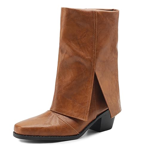 Bviennic Damen Stiefeletten Block Mitte Absatz Mode Square Toe Ohne Verschluss Party Stiefeletten 2246 Gelb Gr 36.5 EU/37Cn von Bviennic