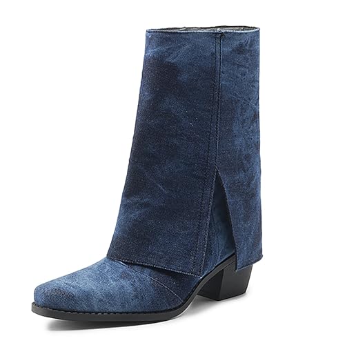 Bviennic Damen Stiefeletten Block Mitte Absatz Mode Square Toe Ohne Verschluss Party Stiefeletten 2247 Dark-Blau Gr 36 EU von Bviennic