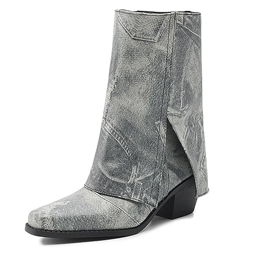 Bviennic Damen Stiefeletten Block Mitte Absatz Mode Square Toe Ohne Verschluss Party Stiefeletten 2247 Grau Gr 36.5 EU/37Cn von Bviennic