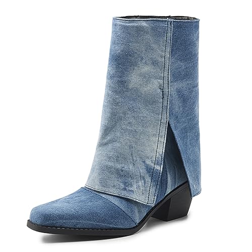 Bviennic Damen Stiefeletten Block Mitte Absatz Mode Square Toe Ohne Verschluss Party Stiefeletten 2247 Light-Blau Gr 41 EU/43Cn von Bviennic