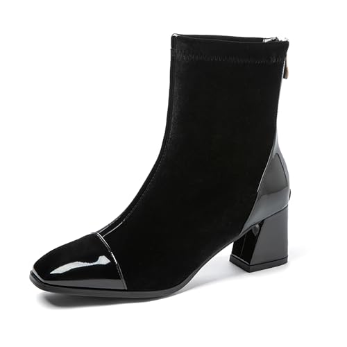 Bviennic Damen Stiefeletten Block Mitte Absatz Mode Square Toe Zip Stretch Stiefeletten 2366 Schwarz Gr 38 EU/39Cn von Bviennic