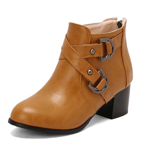 Bviennic Damen Stiefeletten Block Mitte Absatz Simple Runde Zehen Zip Party Stiefeletten 2298 Gelb Gr 40.5 EU/42Cn von Bviennic