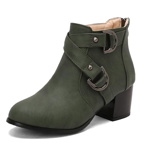 Bviennic Damen Stiefeletten Block Mitte Absatz Simple Runde Zehen Zip Party Stiefeletten 2298 Grün Gr 36.5 EU/37Cn von Bviennic