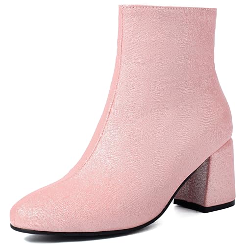 Bviennic Damen Stiefeletten Block Mitte Absatz Solid Runde Zehen Zip Slouch 2440 Pink Gr 35 EU von Bviennic