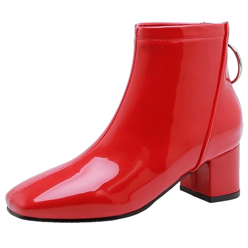 Bviennic Damen Stiefeletten Block Mitte Absatz Solid Square Toe Zip Daily 2468 Rot Gr 33.5 EU/33Cn von Bviennic