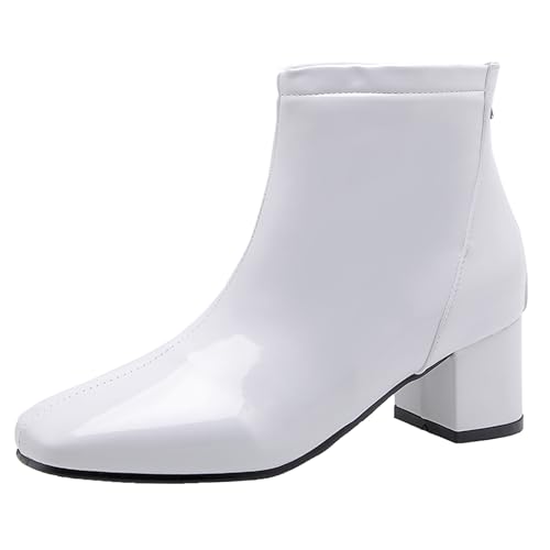 Bviennic Damen Stiefeletten Block Mitte Absatz Solid Square Toe Zip Daily 2468 Weiß Gr 43 EU/45Cn von Bviennic