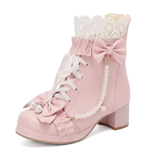 Bviennic Damen Stiefeletten Block Mitte Absatz mit Plateau Süß Runde Zehen Zip Kleid Stiefeletten 2266 Pink Gr 37 EU/38Cn von Bviennic