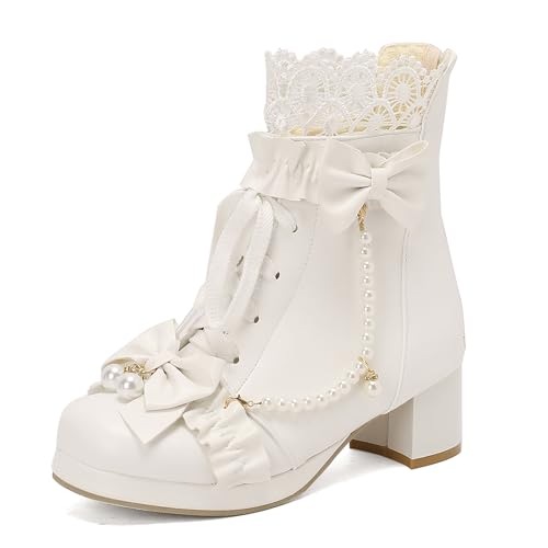 Bviennic Damen Stiefeletten Block Mitte Absatz mit Plateau Süß Runde Zehen Zip Kleid Stiefeletten 2266 Weiß Gr 38 EU/39Cn von Bviennic