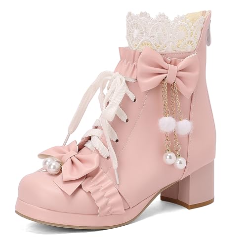 Bviennic Damen Stiefeletten Block Mitte Absatz mit Plateau Süß Runde Zehen Zip Party Stiefeletten 2330 Pink Gr 41 EU/43Cn von Bviennic