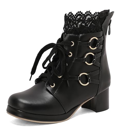 Bviennic Damen Stiefeletten Block Mitte Absatz mit Plateau Süß Runde Zehen Zip Party Stiefeletten 2332 Schwarz Gr 38 EU/39Cn von Bviennic