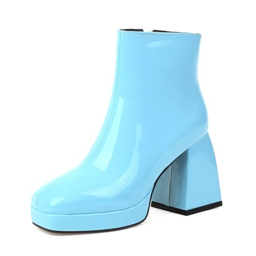Bviennic Damen Stiefeletten Chunky Höhe Ferse mit Plateau Simple Runde Zehen Zip Party Stiefeletten 2463 Blau Gr 35 EU von Bviennic