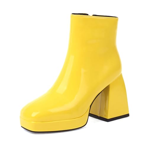 Bviennic Damen Stiefeletten Chunky Höhe Ferse mit Plateau Simple Runde Zehen Zip Party Stiefeletten 2463 Gelb Gr 41 EU/43Cn von Bviennic