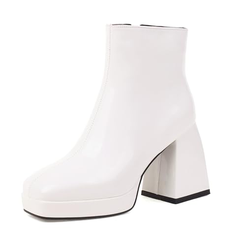 Bviennic Damen Stiefeletten Chunky Höhe Ferse mit Plateau Simple Runde Zehen Zip Party Stiefeletten 2463 Weiß Gr 38 EU/39Cn von Bviennic