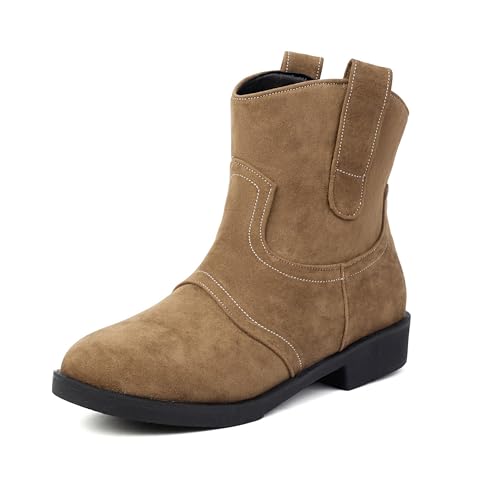 Bviennic Damen Stiefeletten Flach Simple Runde Zehen Ohne Verschluss Slouch 2344 Khaki Gr 36.5 EU/37Cn von Bviennic