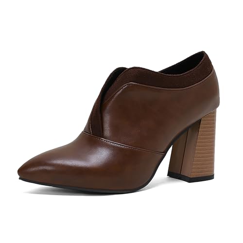 Bviennic Damen Stiefeletten Hohen Blockabsatz Elegant Pointed Toe Ohne Verschluss Kleid Stiefeletten 2250 Dark-Braun Gr 36 EU von Bviennic
