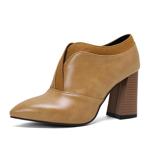 Bviennic Damen Stiefeletten Hohen Blockabsatz Elegant Pointed Toe Ohne Verschluss Kleid Stiefeletten 2250 Gelb Gr 34 EU von Bviennic