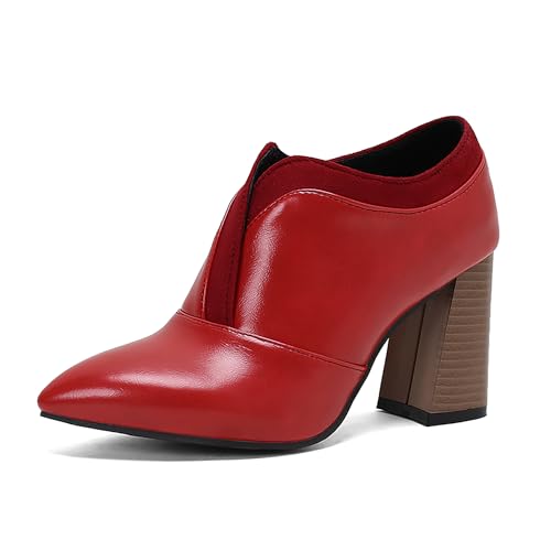 Bviennic Damen Stiefeletten Hohen Blockabsatz Elegant Pointed Toe Ohne Verschluss Kleid Stiefeletten 2250 Rot Gr 37 EU/38Cn von Bviennic