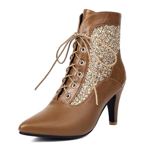 Bviennic Damen Stiefeletten Hohen Blockabsatz Elegant Pointed Toe Schnüren Kleid Stiefeletten 2243 Braun Gr 39 EU/40Cn von Bviennic