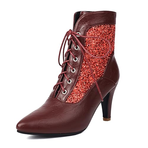 Bviennic Damen Stiefeletten Hohen Blockabsatz Elegant Pointed Toe Schnüren Kleid Stiefeletten 2243 Rot Gr 38 EU/39Cn von Bviennic