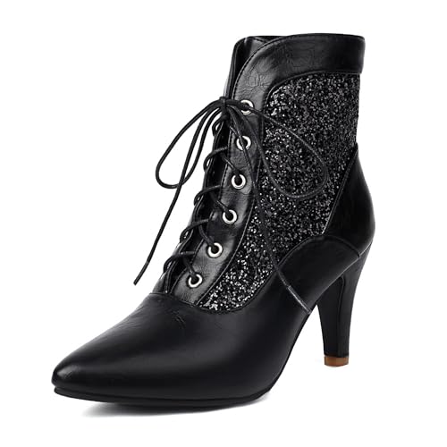 Bviennic Damen Stiefeletten Hohen Blockabsatz Elegant Pointed Toe Schnüren Kleid Stiefeletten 2243 Schwarz Gr 36.5 EU/37Cn von Bviennic