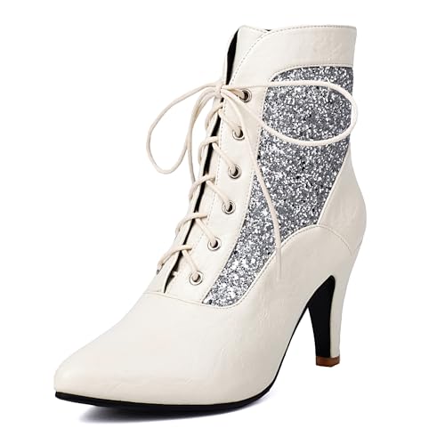 Bviennic Damen Stiefeletten Hohen Blockabsatz Elegant Pointed Toe Schnüren Kleid Stiefeletten 2243 Weiß Gr 45 EU/47Cn von Bviennic