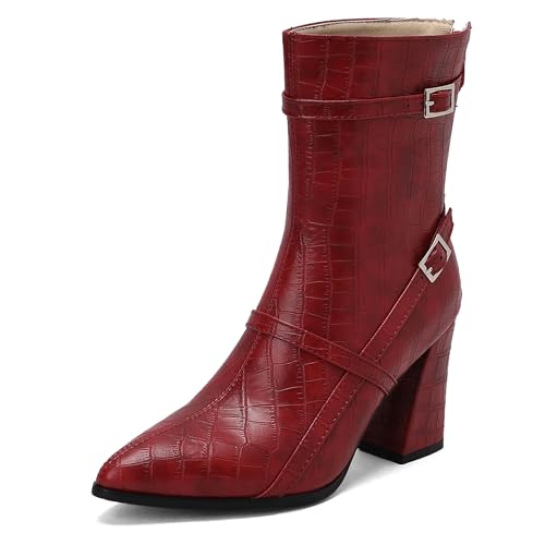Bviennic Damen Stiefeletten Hohen Blockabsatz Mode Pointed Toe Zip Daily 2450 Rot Gr 36.5 EU/37Cn von Bviennic