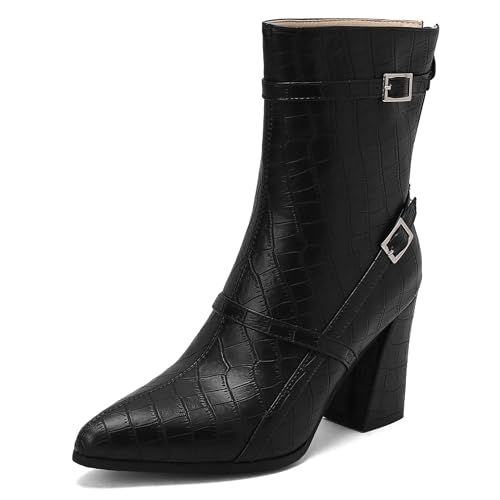 Bviennic Damen Stiefeletten Hohen Blockabsatz Mode Pointed Toe Zip Daily 2450 Schwarz Gr 42 EU/44Cn von Bviennic
