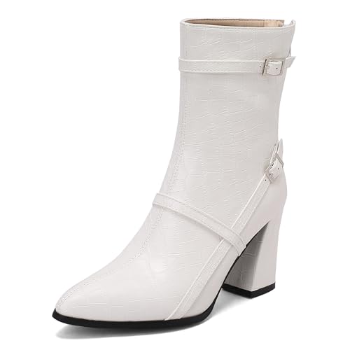 Bviennic Damen Stiefeletten Hohen Blockabsatz Mode Pointed Toe Zip Daily 2450 Weiß Gr 43 EU/45Cn von Bviennic