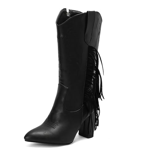 Bviennic Damen Stiefeletten Hohen Blockabsatz Mode Pointed Toe Zip Party 2214 Schwarz Gr 43 EU/45Cn von Bviennic