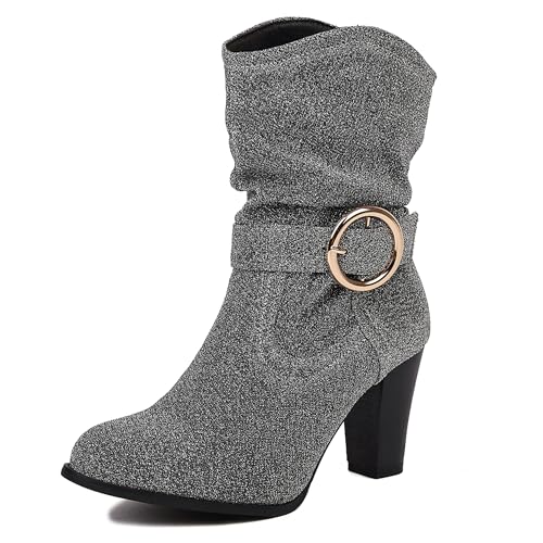 Bviennic Damen Stiefeletten Hohen Blockabsatz Mode Runde Zehen Ohne Verschluss Daily 2244 Silber Gr 40 EU/41Cn von Bviennic